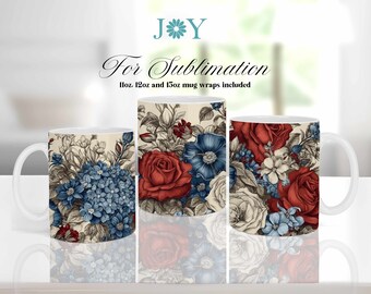 Flowers Coffee Mug PNG, 11oz 12oz 15oz Mug and Coaster Templates, Digital Download Mug Sublimation Design, Flowers Cricut Mug Wrap Templates