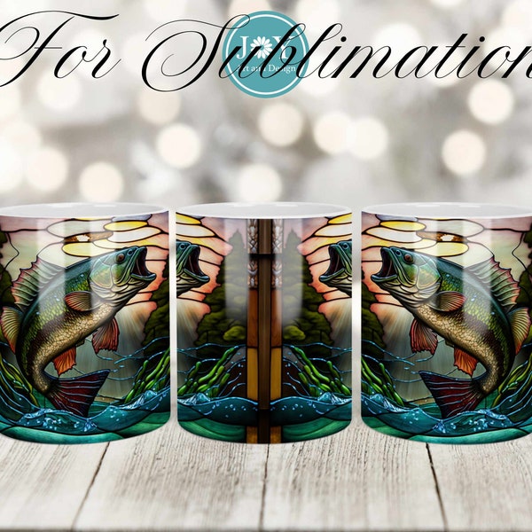 Mug Sublimation Design, Stained Glass Bass Coffee Mug PNG, Fishing Sublimation Mug Full Wrap Template, Digital 11oz 12oz 15oz Mug Templates