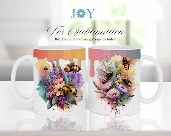 Mug Wrap Sublimation Design, Watercolor Dripping Bees Coffee Mug PNG, Sublimation Mug Full Wrap Template, Digital 11oz 12oz 15oz Mug