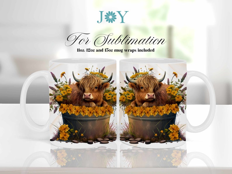 May include: A white ceramic mug with a design of a brown Highland cow sitting in a pot of yellow flowers. The mug is for sublimation and includes 11oz, 12oz, and 15oz mug wraps.