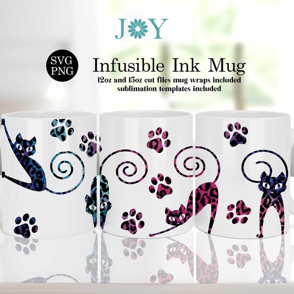 Cricut Mug presse Svg Design pour feuille d'encre infusible, modèle d'emballage de tasse infusible chats, tasse à café SVG, presse de tasse SVG, modèle d'emballage de tasse