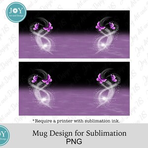 May include: A sublimation design for a mug featuring two purple butterflies with white wings and a white glow behind them. The design is on a black and purple background.