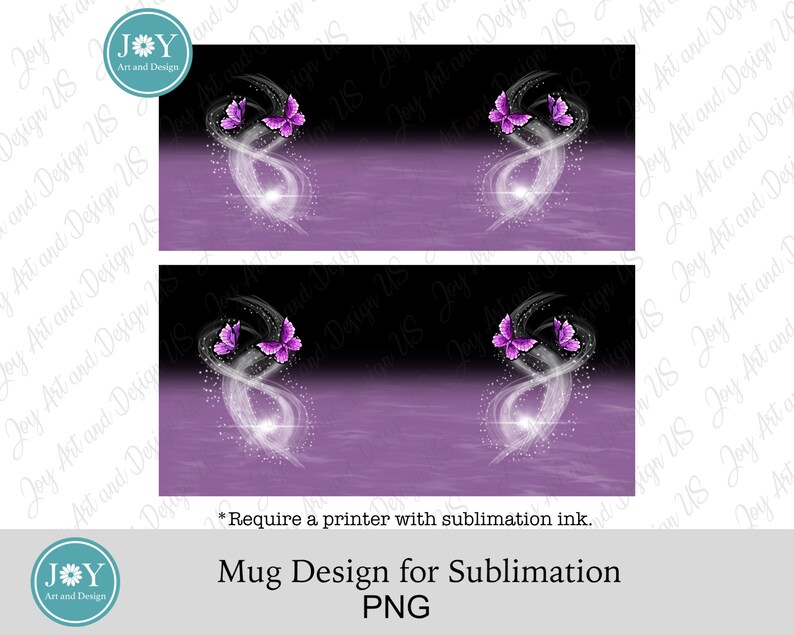 May include: A sublimation design for a mug featuring two purple butterflies with white wings and a white glow behind them. The design is on a black and purple background.