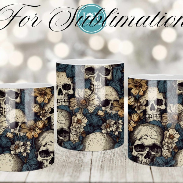 Skull and Flowers Coffee Mug PNG, 11oz 12oz 15oz Mug and Coaster Templates, Digital Instant Download Mug Sublimation Design, Cricut Mug Wrap