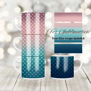 May include: Four 10oz sublimation wraps with a gradient heart pattern. The wraps are in pink, blue, and teal colors.  "For Sublimation" text is included in the image.