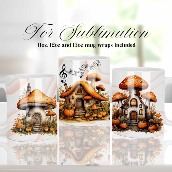 Fall Mushroom Houses Coffee Mug Wrap Sublimation Design, 11oz 12oz and 15oz Mug Templates