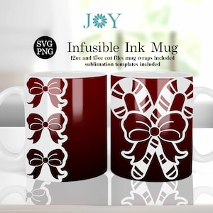 May include: Two white ceramic mugs with red and white designs. One mug has a design of three bows and the other has a design of two candy canes with a bow. The text "Infusible Ink Mug" is at the top of the image.