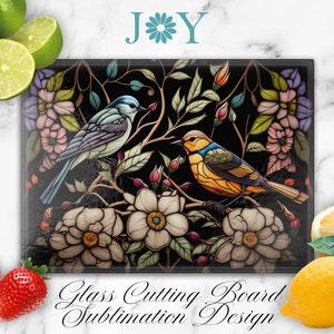 Glass Cutting Board Faux Stained Glass Birds Sublimation Design, Glass Cutting Board PNG, Faux Stained Glass Cutting Board Template