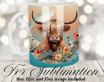 Taza de café Highland Cow PNG, plantillas de taza de 11 oz 12 oz 15 oz, diseño de sublimación de taza de descarga instantánea digital, envoltura de taza PNG