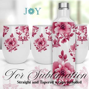 Vintage Style Pink Flowers Wine Set Wrap Sublimation Design - 12oz Wine Tumbler Templates - Instant Digital Download Wine Tumbler PNG