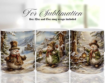 Winter Landscape Mug Wrap, Christmas Sublimation Design, 11oz 12oz and 15oz Sublimation Mug Templates, Snowman Coffee Mug PNG