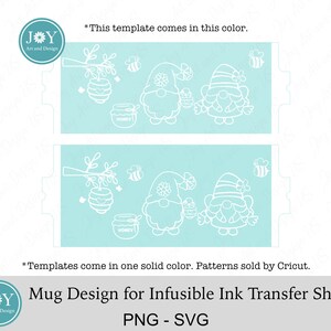 May include: A digital design for a mug featuring two gnomes with honeycombs and bees. The design is in white on a light blue background. The text "HONEY" appears twice on the design. The text "Mug Design for Infusible Ink Transfer Sheets PNG - SVG" appears at the bottom of the image.