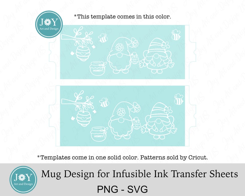 May include: A digital design for a mug featuring two gnomes with honeycombs and bees. The design is in white on a light blue background. The text "HONEY" appears twice on the design. The text "Mug Design for Infusible Ink Transfer Sheets PNG - SVG" appears at the bottom of the image.