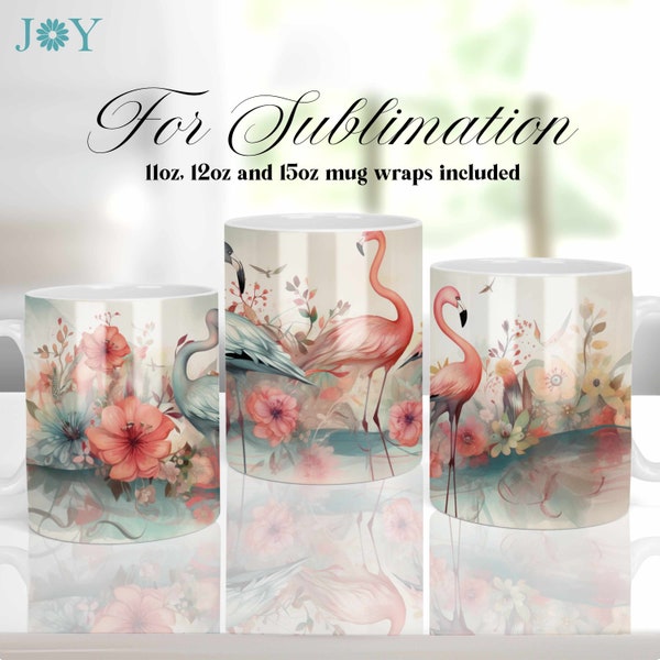 Conception de sublimation de presse de tasse, tasse à café de flamants roses aquarelle PNG, modèle d'emballage complet de tasse de sublimation, modèles numériques de tasse de 11 oz 12 oz 15 oz