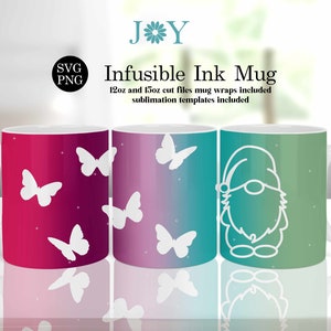 Könnte beinhalten: Drei weiße Keramikbecher mit verschiedenen Designs. Der erste Becher hat einen rosa-violetten Ombre-Hintergrund mit weißen Schmetterlingen. Der zweite Becher hat einen lila-blauen Ombre-Hintergrund mit weißen Schmetterlingen. Der dritte Becher hat einen blau-grünen Ombre-Hintergrund mit einer weißen Umrandung eines Zwergs. Der Text "SVG PNG" und "Infusible Ink Mug" befindet sich oben im Bild.