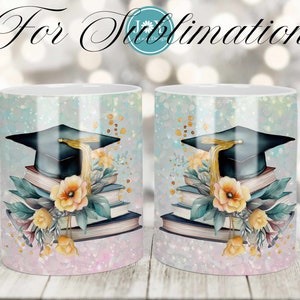 Graduation Mug Press Sublimation Design, Gold Cap Coffee Mug PNG, Sublimation Mug Full Wrap Template, Digital 11 oz 12 oz 15 oz Mug Template