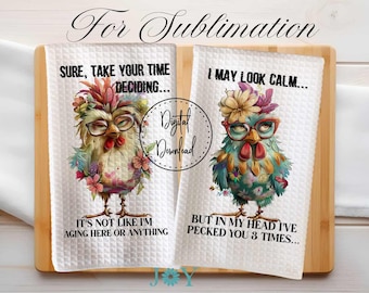 Funny Chickens Kitchen Towel Digital Download Sublimation Designs - Dish Towel PNG - Tea Towel Design