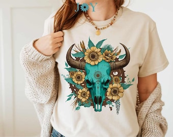Boho Bull Skull PNG for Sublimation – Western Floral Cow Skull Design – Rustic Cowgirl Shirt, Mug, or Tumbler Download