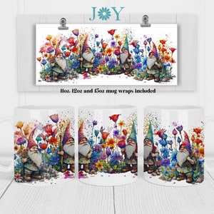 May include: Three white ceramic mugs with colorful watercolor designs of gnomes in a garden with flowers. The mugs are 11oz, 12oz, and 15oz.