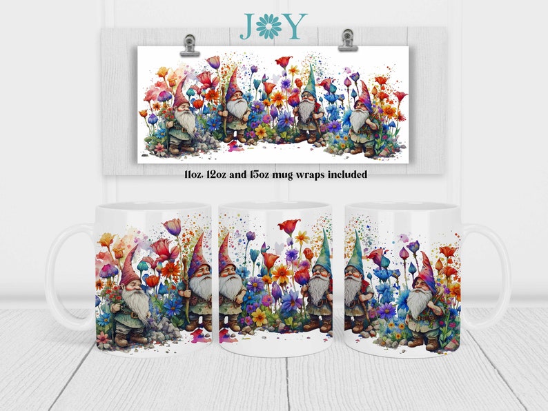 May include: Three white ceramic mugs with colorful watercolor designs of gnomes in a garden with flowers. The mugs are 11oz, 12oz, and 15oz.