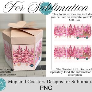 May include: A set of sublimation designs featuring a pink Christmas tree and truck design. The designs are for a mug, coasters, and a twisted gift box. The text "For Sublimation" is at the top of the image. The text "Mug and Coasters Designs for Sublimation PNG" is at the bottom of the image.