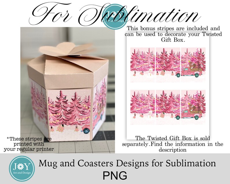 May include: A set of sublimation designs featuring a pink Christmas tree and truck design. The designs are for a mug, coasters, and a twisted gift box. The text "For Sublimation" is at the top of the image. The text "Mug and Coasters Designs for Sublimation PNG" is at the bottom of the image.