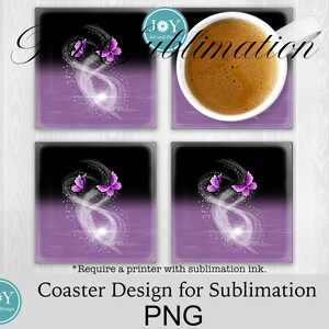 May include: Four square purple and black coasters with a white swirl and two purple butterflies. The text "JY Art and Design" and "Sublimation" are visible in the image. *Require a printer with sublimation ink. Coaster Design for Sublimation PNG"