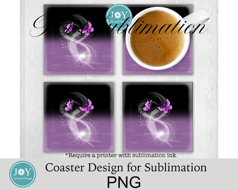 May include: Four square purple and black coasters with a white swirl and two purple butterflies. The text "JY Art and Design" and "Sublimation" are visible in the image. *Require a printer with sublimation ink. Coaster Design for Sublimation PNG"