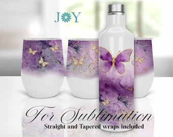 Butterflies and Gold Wine Tumbler Wrap Sublimation Design, 12oz Wine Tumblers Digital Download PNG Template