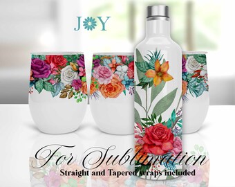 Flowers, Sublimation Designs for 12 oz Wine Tumblers, Digital Sublimation Tumbler Template, Tumbler Design, Straight and Tapered Template