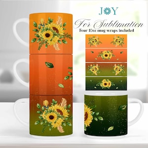 May include: Four 11oz mug wraps featuring a sunflower design. The wraps are in two color schemes: orange and green. The text "For Sublimation" and "Four 11oz mug wraps included" is printed on a white background.