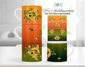 10 oz Stackable Mugs for Sublimation, Sunflowers Sublimation Design, Mug Press PNG, Coffee Mug PNG, Mug Wrap Template, Mug Sublimation PNG