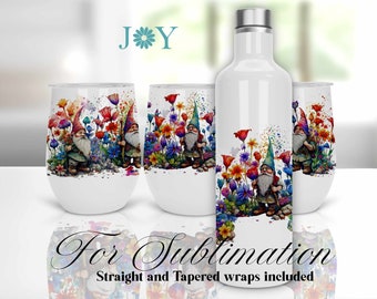 Watercolor Gnomes Wine Set Tumblers Wrap, Instant Download Wine Gift Set PNG, Wine Set Sublimation Tumbler Wrap Bottle and Wine Cup
