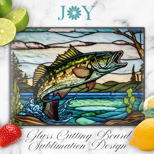 Faux Stained Glass Bass Fish Cutting Board Sublimation Design, Glass Cutting Board PNG, Faux Stained Glass Cutting Board Template