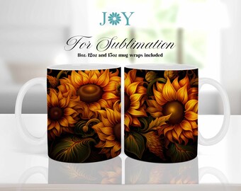 Sunflowers Mug Press Sublimation Design, Coffee Cup PNG, Sublimation Mug Full Wrap Template, Digital 11oz 12oz 15oz Mug