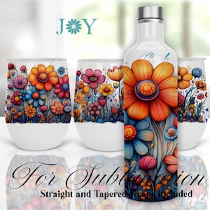 Whimsical Flowers  Wine Tumbler Wraps Sublimation Design - 12oz Wine Tumbler Templates - Instant Digital Download Wine Tumbler PNG