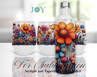 Decorazioni per bicchieri da vino con fiori fantasiosi, design per sublimazione - Modelli per bicchieri da vino da 355 ml - Download digitale immediato PNG per bicchieri da vino