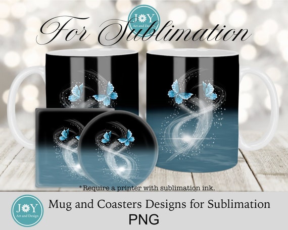 Blue Butterflies Sublimation Designs for Mugs,  Digital Mug Wrap Template, Coffee Mug Design PNG, Mug Press Template, Coffee Mug Sublimation