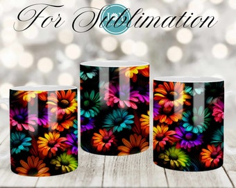 Becher Sublimationsdesign, Regenbogen Blumen Kaffeetasse PNG, Sublimationsbecher Full Wrap Vorlage, digitaler Download 11 Unze 12 Unze 15 Unze Becher Vorlagen