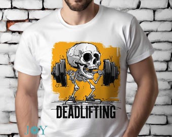 Deadlifting Skeleton PNG – Funny Gym Sublimation Design for Workout Shirts, Weightlifting Mugs, Halloween Gym Decor