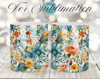 Becher Sublimationsdesign, Blumen Kaffeetasse PNG, Sublimationsbecher Full Wrap Vorlage, digitaler Download 11 oz 12 oz 15 oz Bechervorlage, Becher PNG