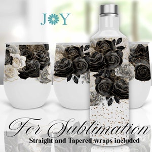 12 oz Wine Set Tumblers Sublimation Design, Instant Download Wine Gift Set PNG, Roses Sublimation Tumbler Bottle and Wine Glasses