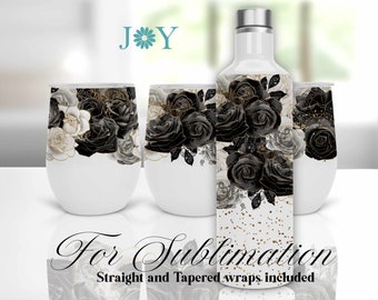 Diseño de sublimación para vasos de vino de 12 oz, descarga instantánea de set de regalo de vino PNG, sublimación de rosas, botella y copas de vino