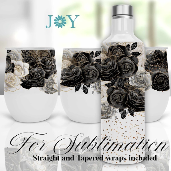 12 oz Wine Set Tumblers Sublimation Design, Instant Download Wine Gift Set PNG, Roses Sublimation Tumbler Bottle and Wine Glasses