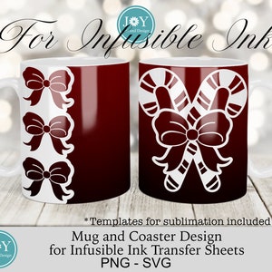 K&ouml;nnte beinhalten: Zwei wei&szlig;e Tassen mit roten und wei&szlig;en Designs. Die Tasse links hat ein Design mit drei Schleifen an der Seite. Die Tasse rechts hat ein Design mit zwei Zuckerstangen mit einer Schleife oben. Der Text "For Infusible Ink" befindet sich oben im Bild. Der Text "Mug and Coaster Design for Infusible Ink Transfer Sheets PNG - SVG" befindet sich unten im Bild.