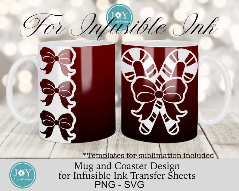 K&ouml;nnte beinhalten: Zwei wei&szlig;e Tassen mit roten und wei&szlig;en Designs. Die Tasse links hat ein Design mit drei Schleifen an der Seite. Die Tasse rechts hat ein Design mit zwei Zuckerstangen mit einer Schleife oben. Der Text "For Infusible Ink" befindet sich oben im Bild. Der Text "Mug and Coaster Design for Infusible Ink Transfer Sheets PNG - SVG" befindet sich unten im Bild.