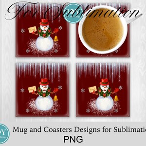 Peut inclure: Ensemble de quatre sous-verres de No&euml;l rouge et blanc avec un bonhomme de neige tenant une lettre et une cloche. Les sous-verres sont con&ccedil;us pour l'impression par sublimation.