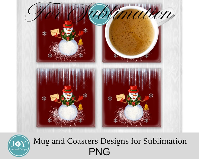 Peut inclure: Ensemble de quatre sous-verres de No&euml;l rouge et blanc avec un bonhomme de neige tenant une lettre et une cloche. Les sous-verres sont con&ccedil;us pour l'impression par sublimation.