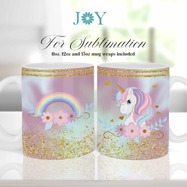 Glitter Einhorn, Becherpresse und Untersetzer Sublimationsdesign, Sublimationsbecherverpackungsvorlage, Kaffeetassen-Sublimationsdesign, Becherpressvorlage