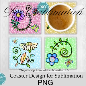 May include: Four square coasters with a floral design. Each coaster features a different flower with a butterfly and a swirl pattern. The coasters are on a light wood background.